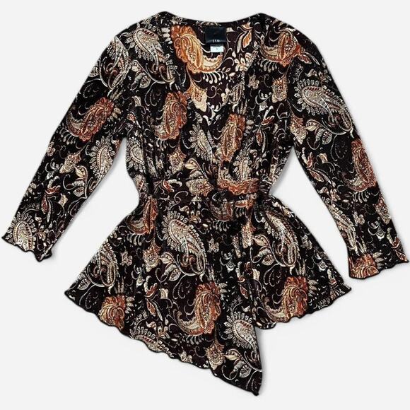 VTG Y2K JTB Dark Brown & Orange Paisley Pleated Asymmetrical Fairycore Boho Top - Picture 1 of 8